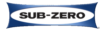 El logotipo de Sub-Zero con texto negro dentro de un óvalo blanco, centrado sobre un fondo azul con bordes curvos.