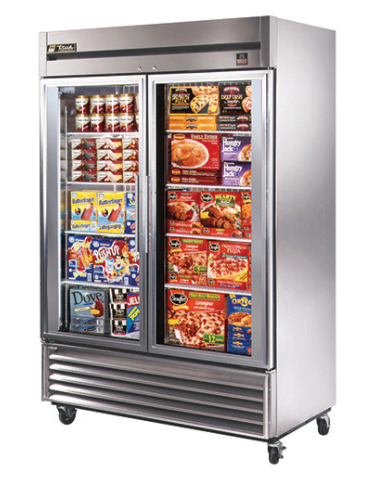 A two-door commercial glass-door freezer filled with various frozen food products, standing on wheels.