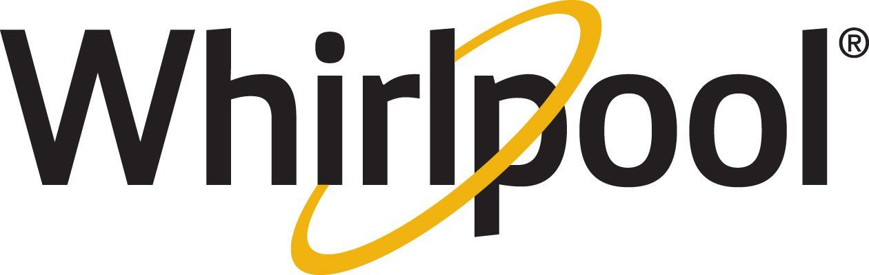 Logotipo de Whirlpool, muestra el nombre de la marca en texto negro con un remolino amarillo estilizado.