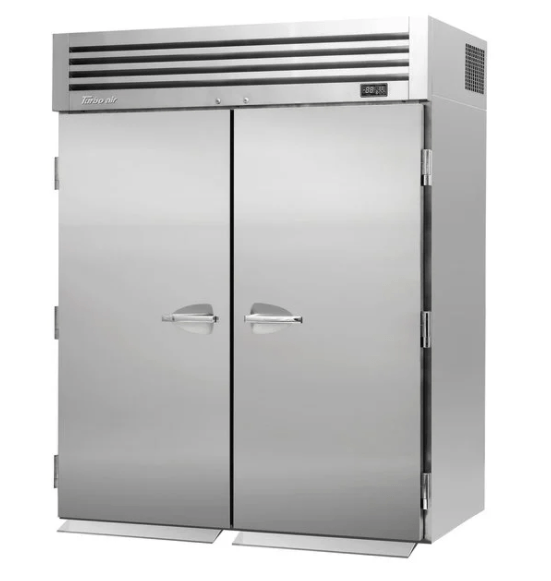 A stainless steel, two-door commercial refrigerator or freezer with a top-mounted cooling unit.