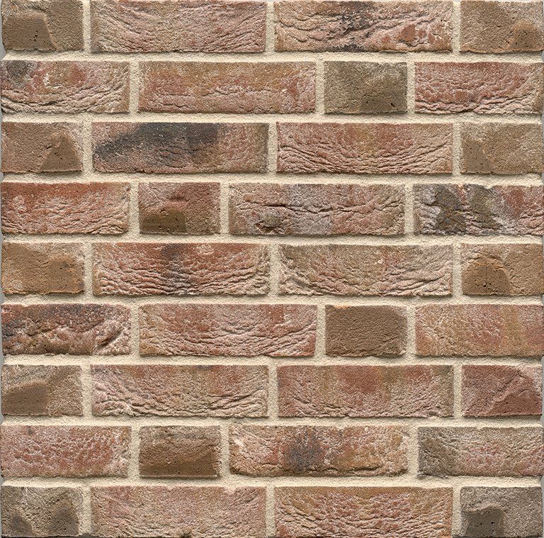 Close-up of a brick wall, with a mix of red-brown and tan bricks, arranged in a traditional pattern.