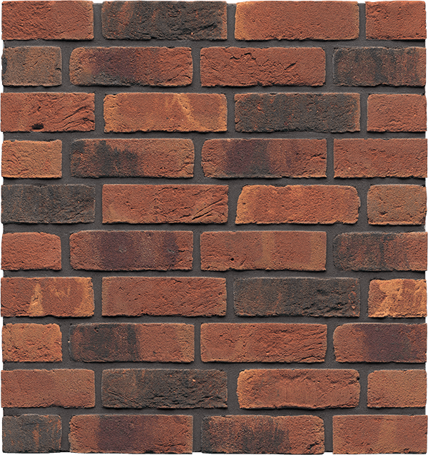 Brick wall with a mix of red and brown bricks.