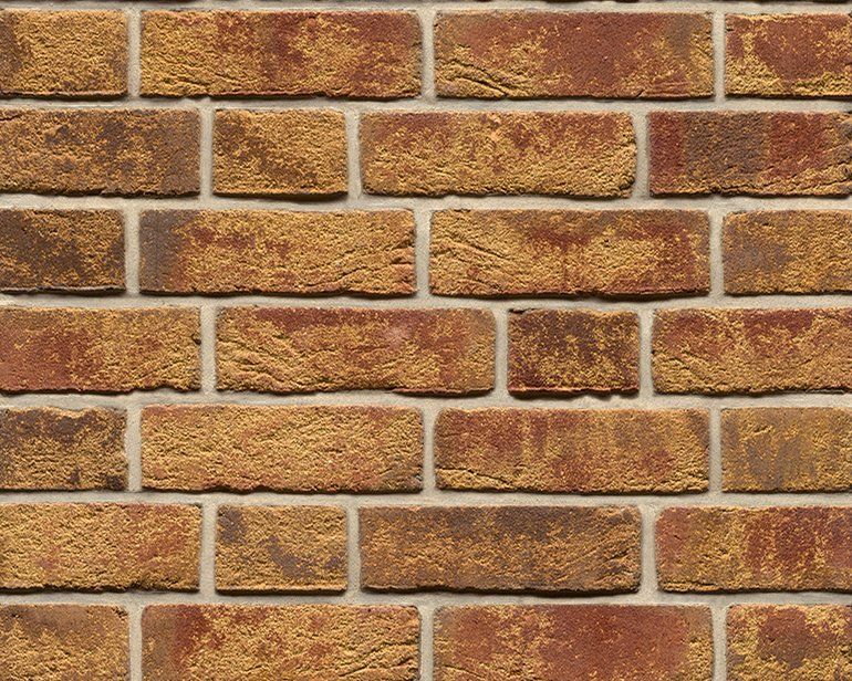 Close-up of a brick wall with varied reddish-brown and tan bricks, light mortar.