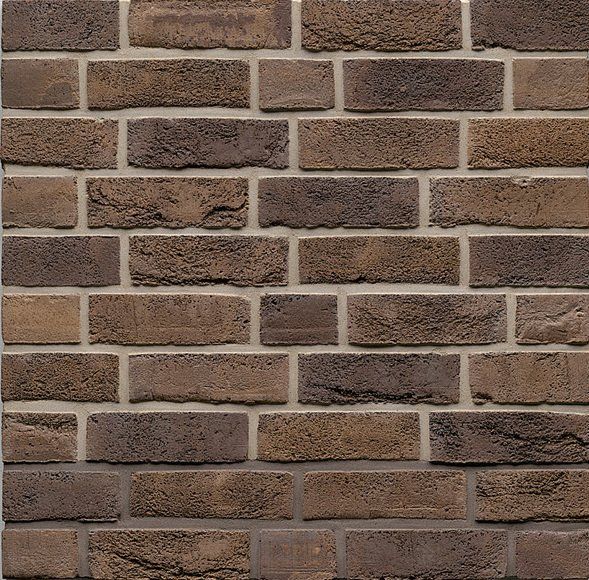 Brown brick wall with various shades and mortar joints.