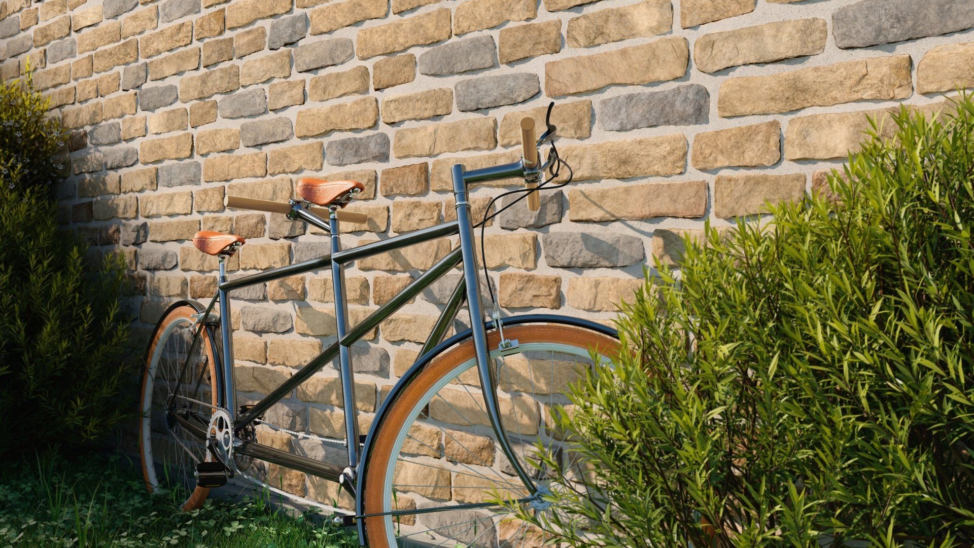 Bicycle leaning against a beige brick wall with tan leather accents, partially obscured by green bushes.