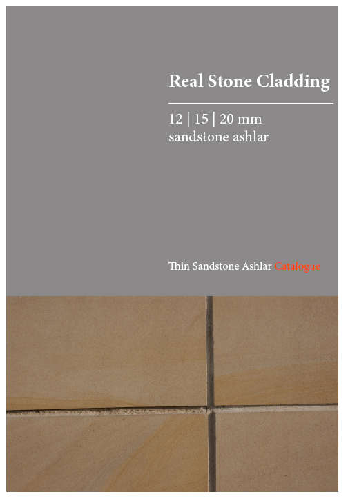 Real stone cladding: sandstone ashlar, 12 | 15 | 20 mm thick. Close-up of beige stone tiles with gray grout.