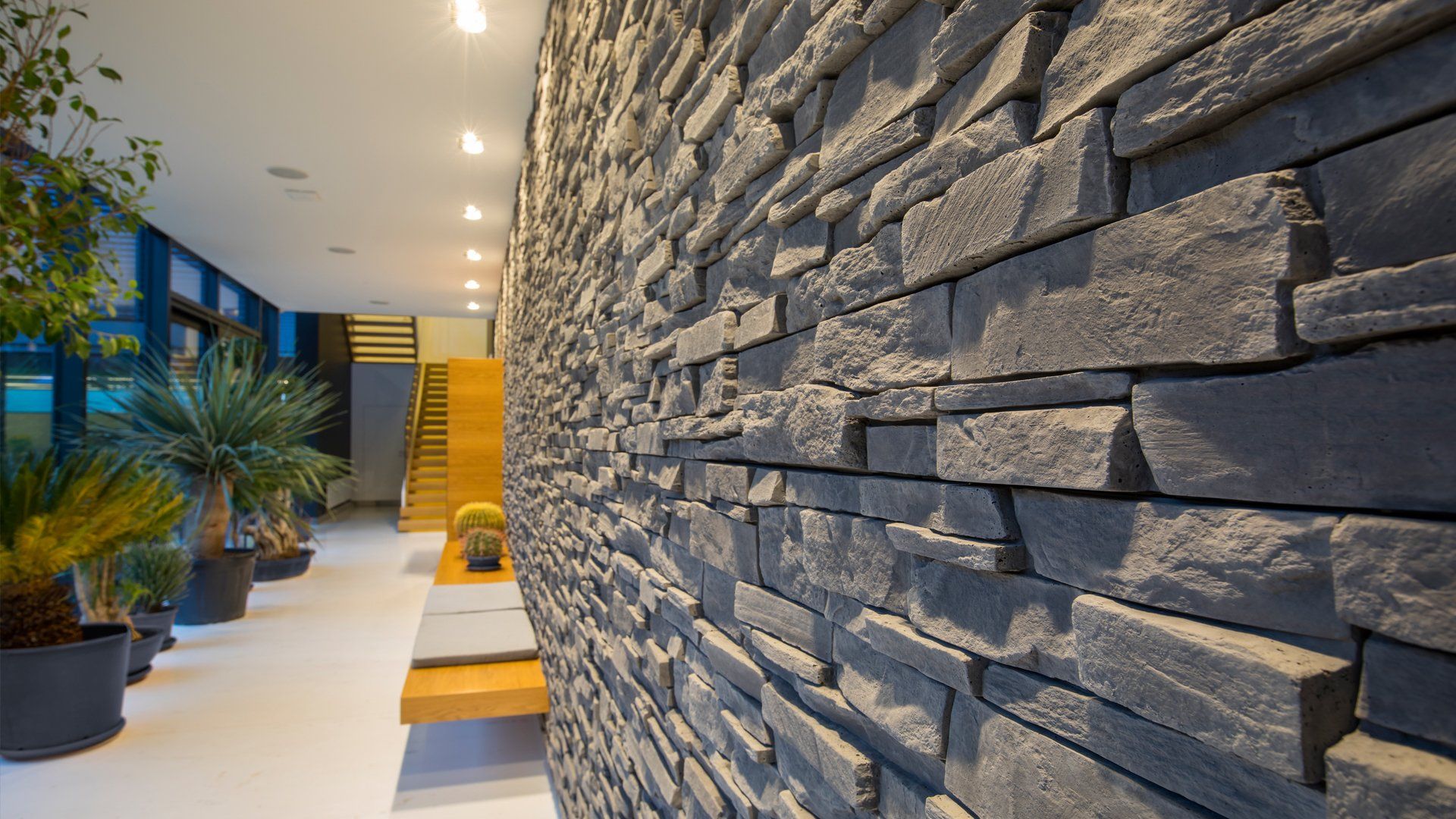 Gray stone accent wall in a modern hallway with plants and wooden bench.