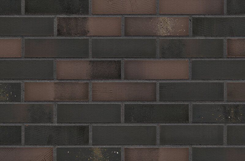 Brick wall with alternating dark brown and reddish-brown bricks, dark gray mortar.