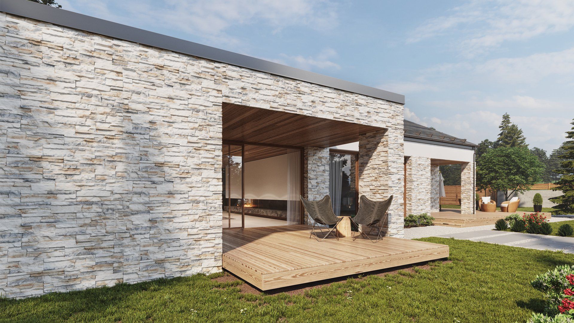 Modern home exterior with stacked stone wall and wooden deck.
