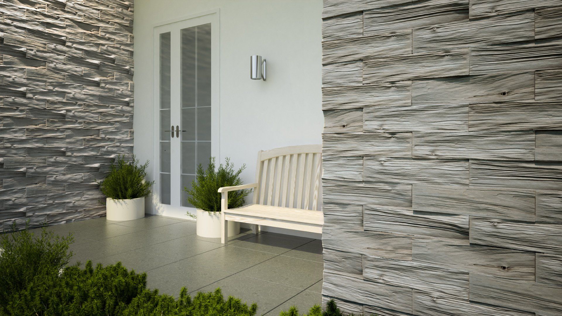 Exterior with stone accent walls, white doors, a bench, and potted plants.