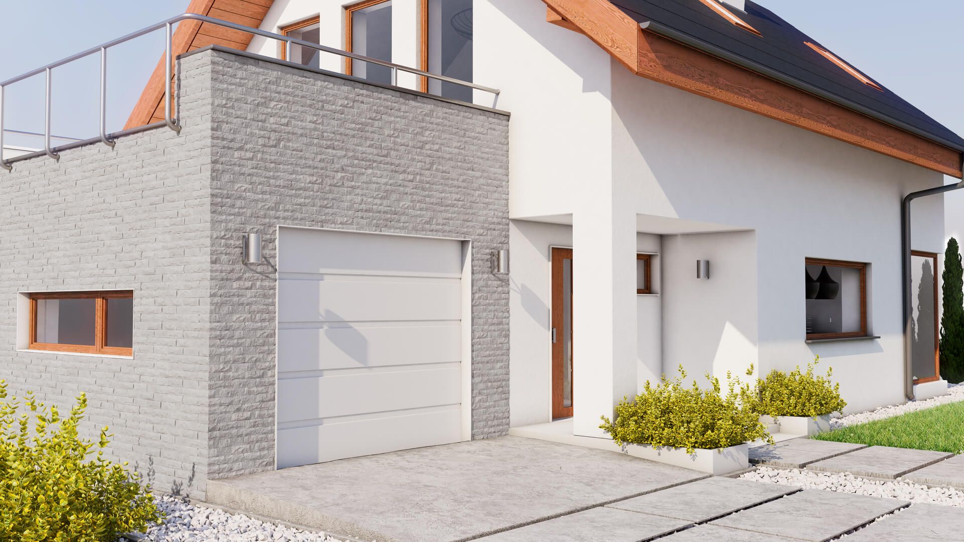 Modern white house with a garage, balcony, and stone accents.