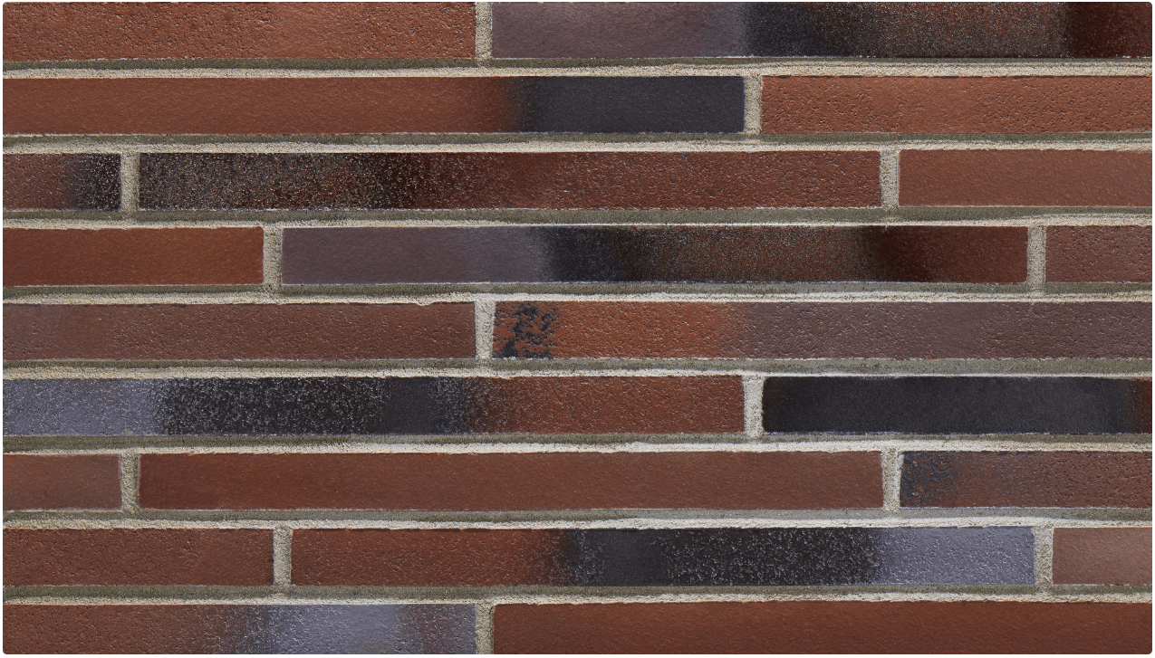 Close-up of a brick wall with varied dark red, brown, and black rectangular bricks set with gray mortar.