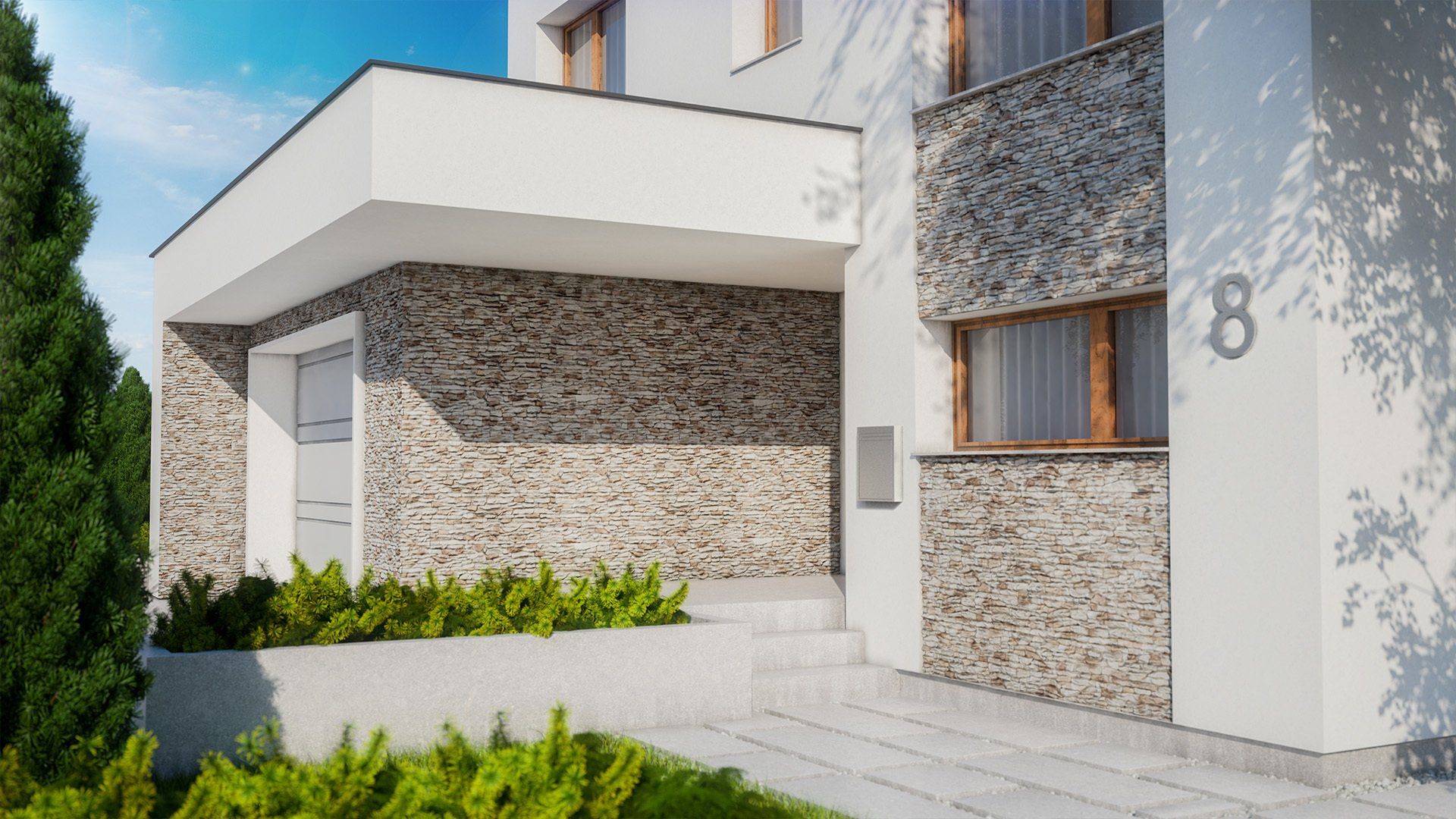 Modern house exterior with stone facade, white trim, and number 8.