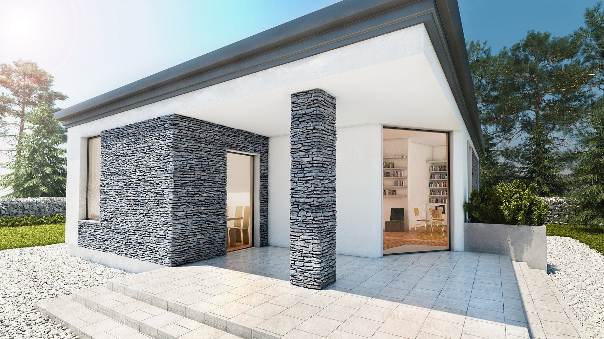 Modern white house with stone accents, glass doors, and patio.