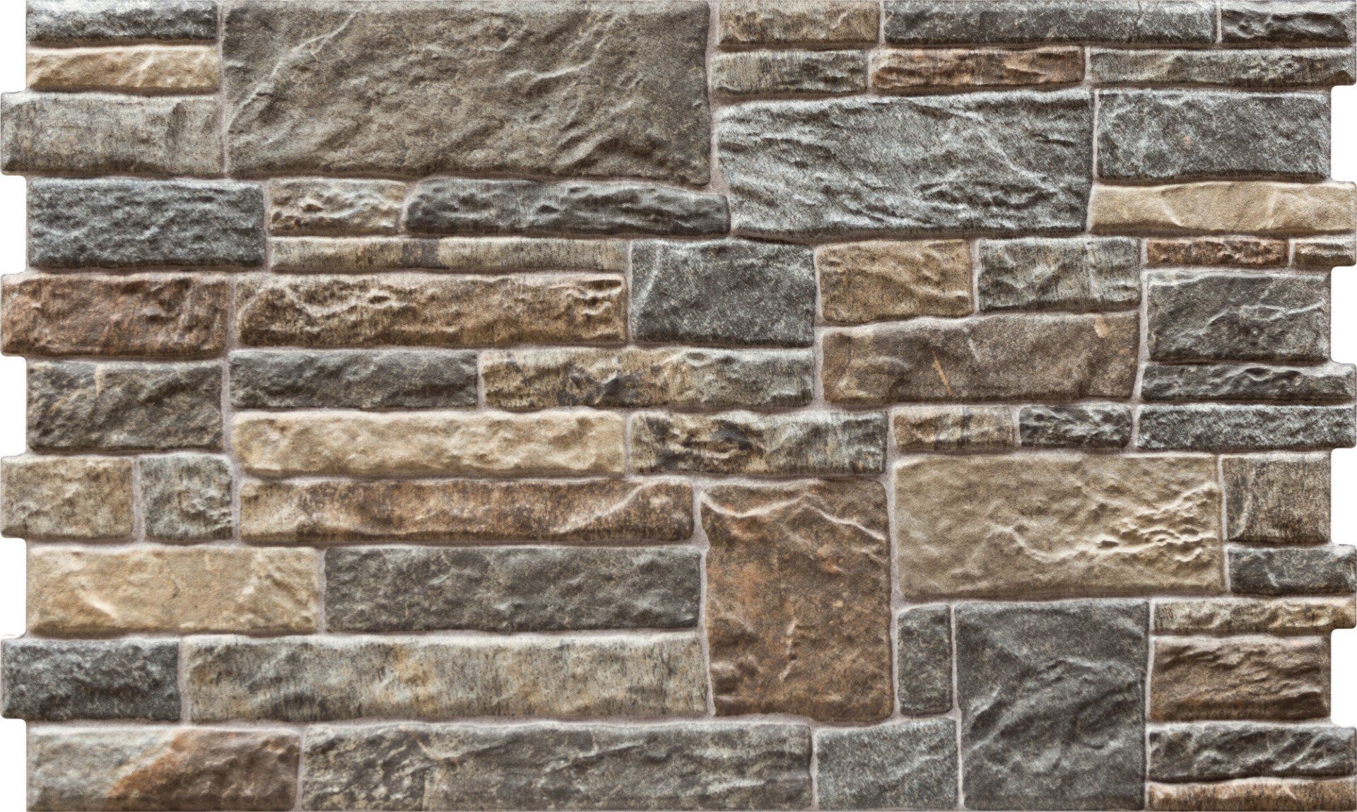 Stone veneer wall with varying shades of brown, gray, and tan.