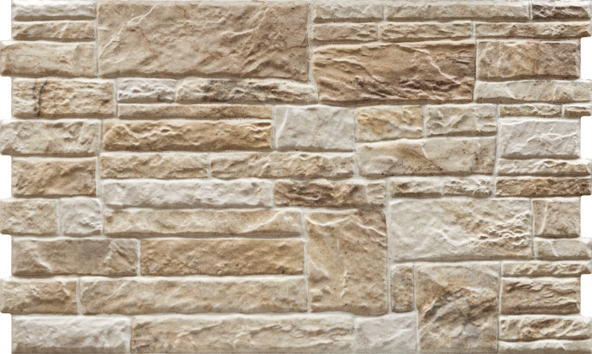 Stone wall with varying rectangular and irregular beige and brown blocks.