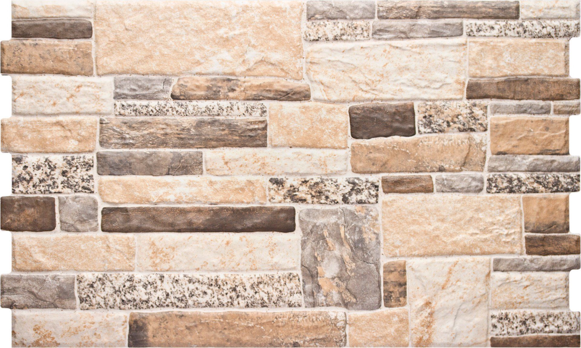 Brick wall, beige, brown, and gray stone, irregular pattern.
