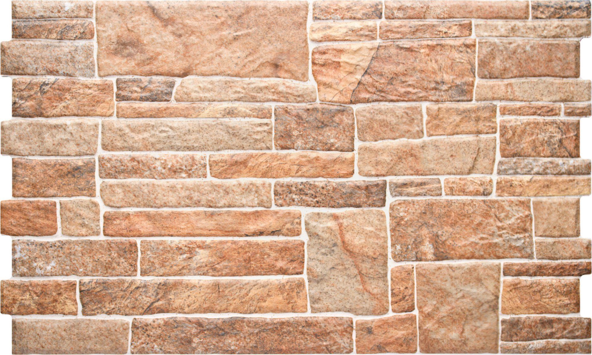 Stone-like wall tile with various rectangular shapes in shades of brown and beige, with white grout.