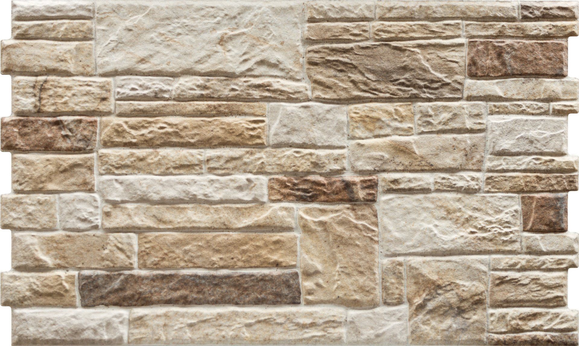 Stone wall with varied rectangular and square blocks in beige, brown, and cream colors.