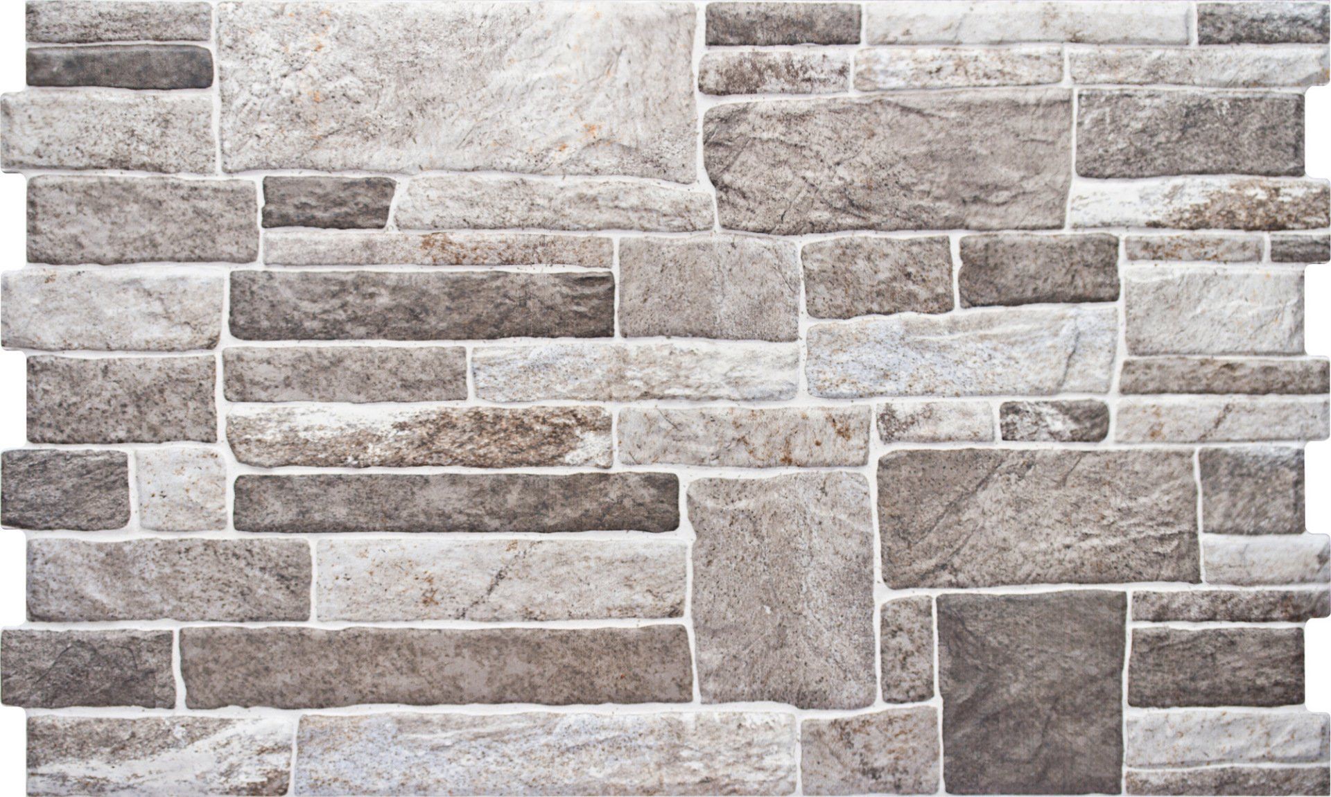 Stone wall tile, mixed sizes, shades of gray, white grout lines.