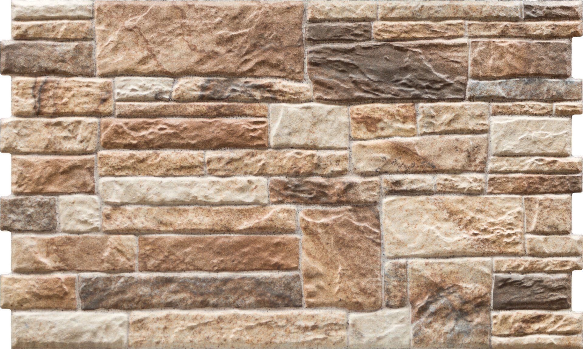 Stone wall with varying shades of brown and beige rectangular blocks.