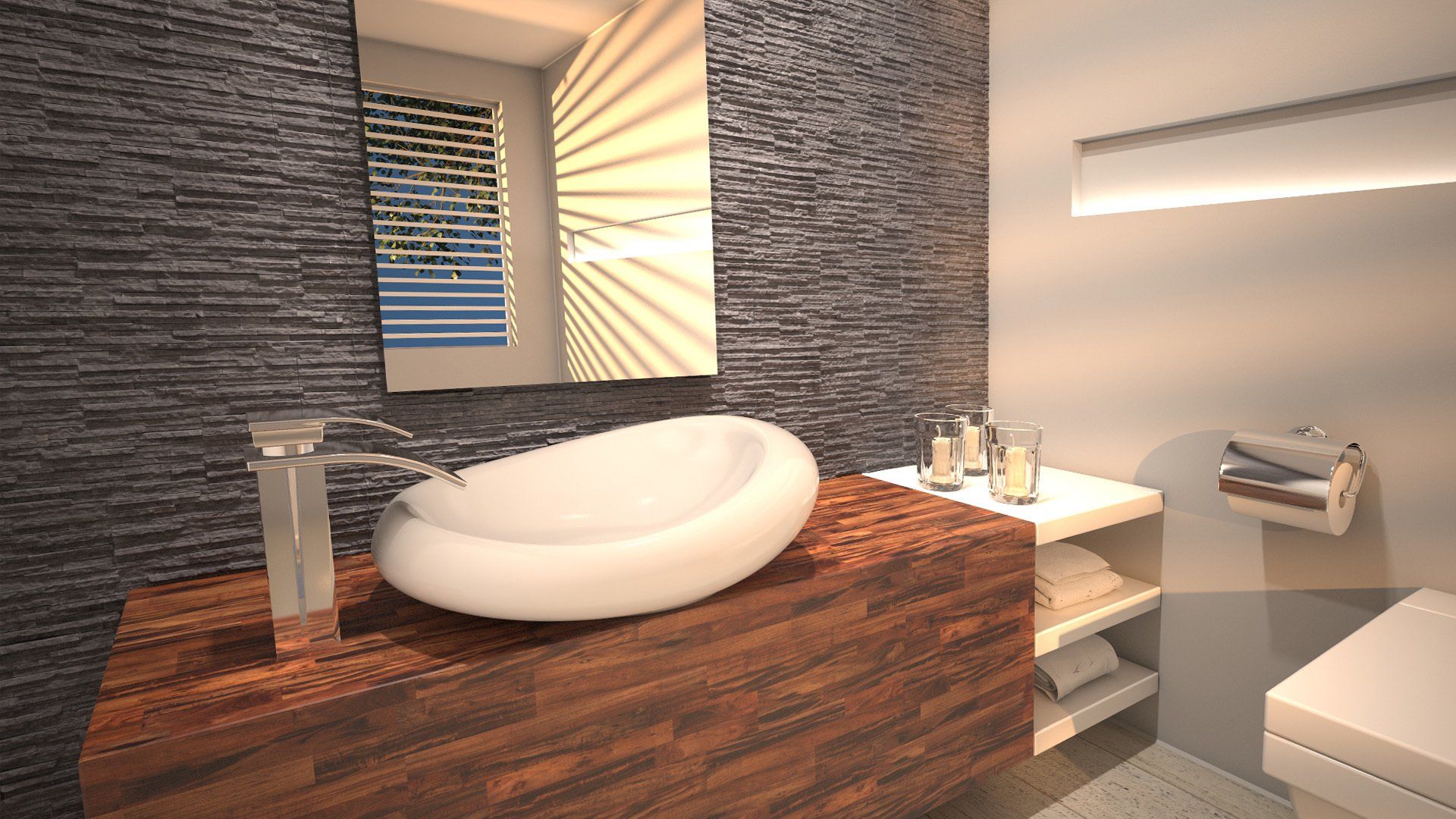 Modern bathroom with a wood vanity, stone wall, and a unique oval sink.