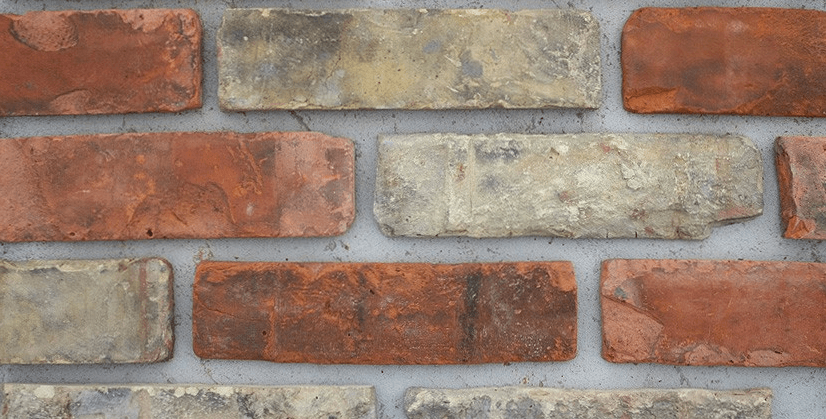 Close-up of a brick wall with red and tan bricks set in a gray mortar.