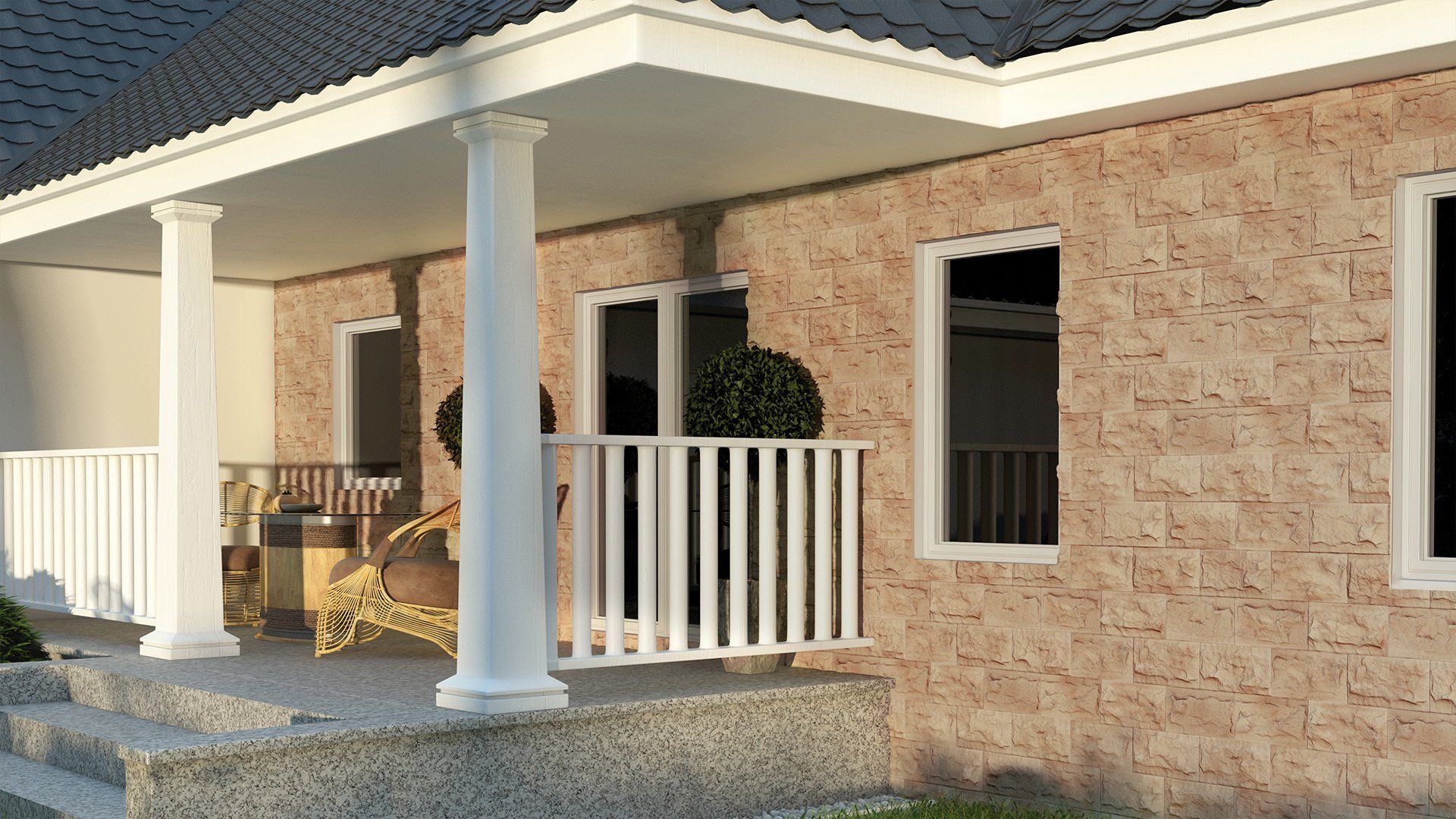 Stone facade house with porch and white columns.