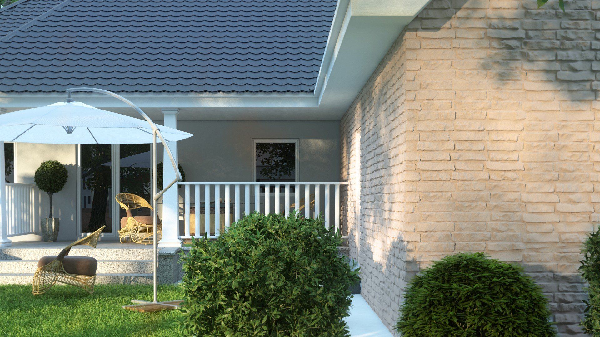 House exterior with brick wall, porch, umbrella, and bushes.