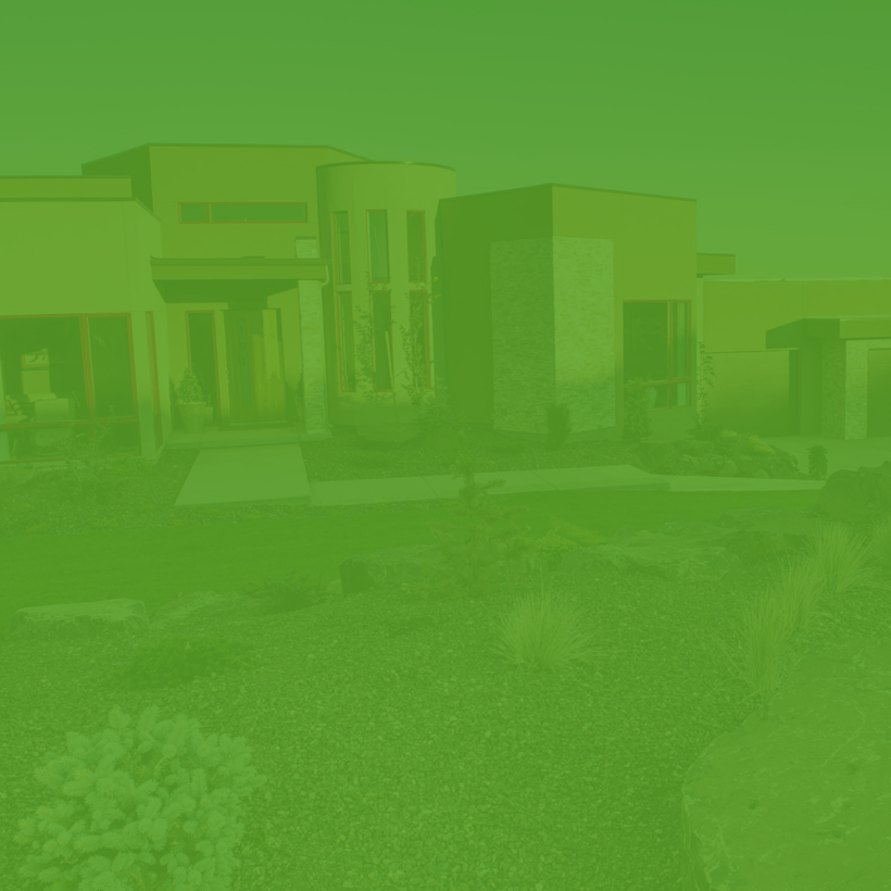 A green background with a house in the background.