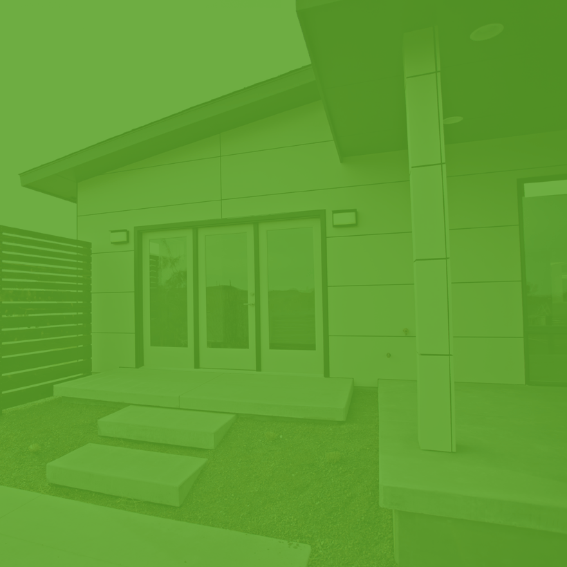A green background of a house with sliding glass doors.