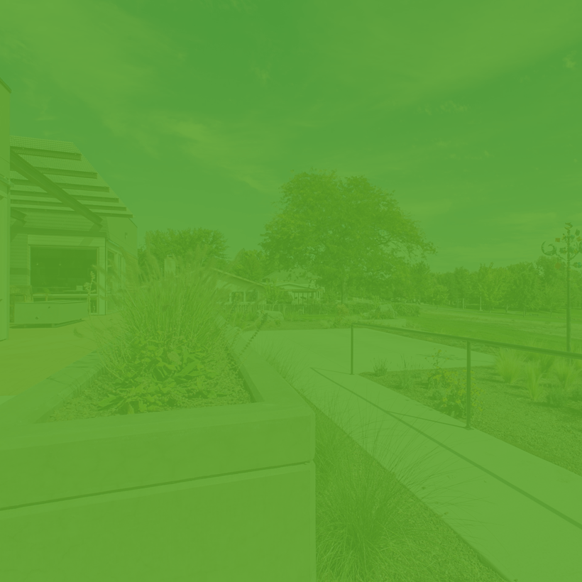 A green background with a walkway and trees in the background.