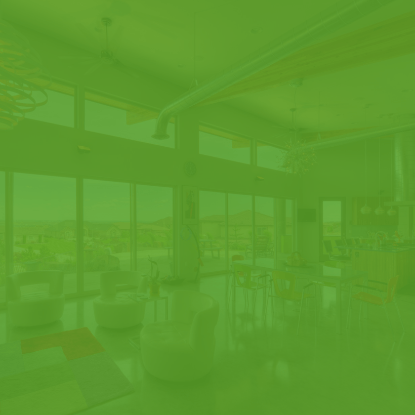 A green background of a living room with lots of windows.