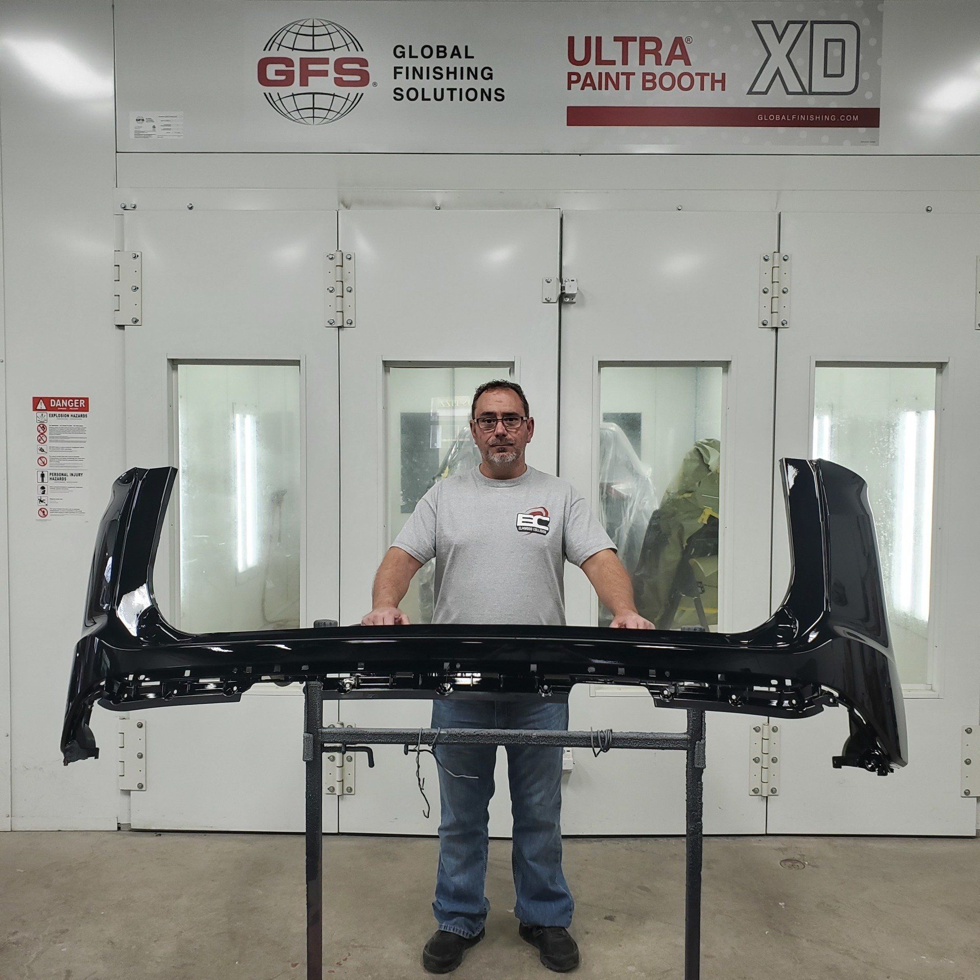 Newly Painted Bumper in Paint Booth at Elmwood Collision