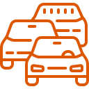 Three orange cars in a line, suggesting a traffic jam.