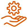 Orange hand holding a gear, suggesting support or service.