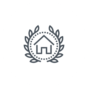 icoontje huurrechet lijntekening van een huis met een gestippelde ring en bladeren eromheen