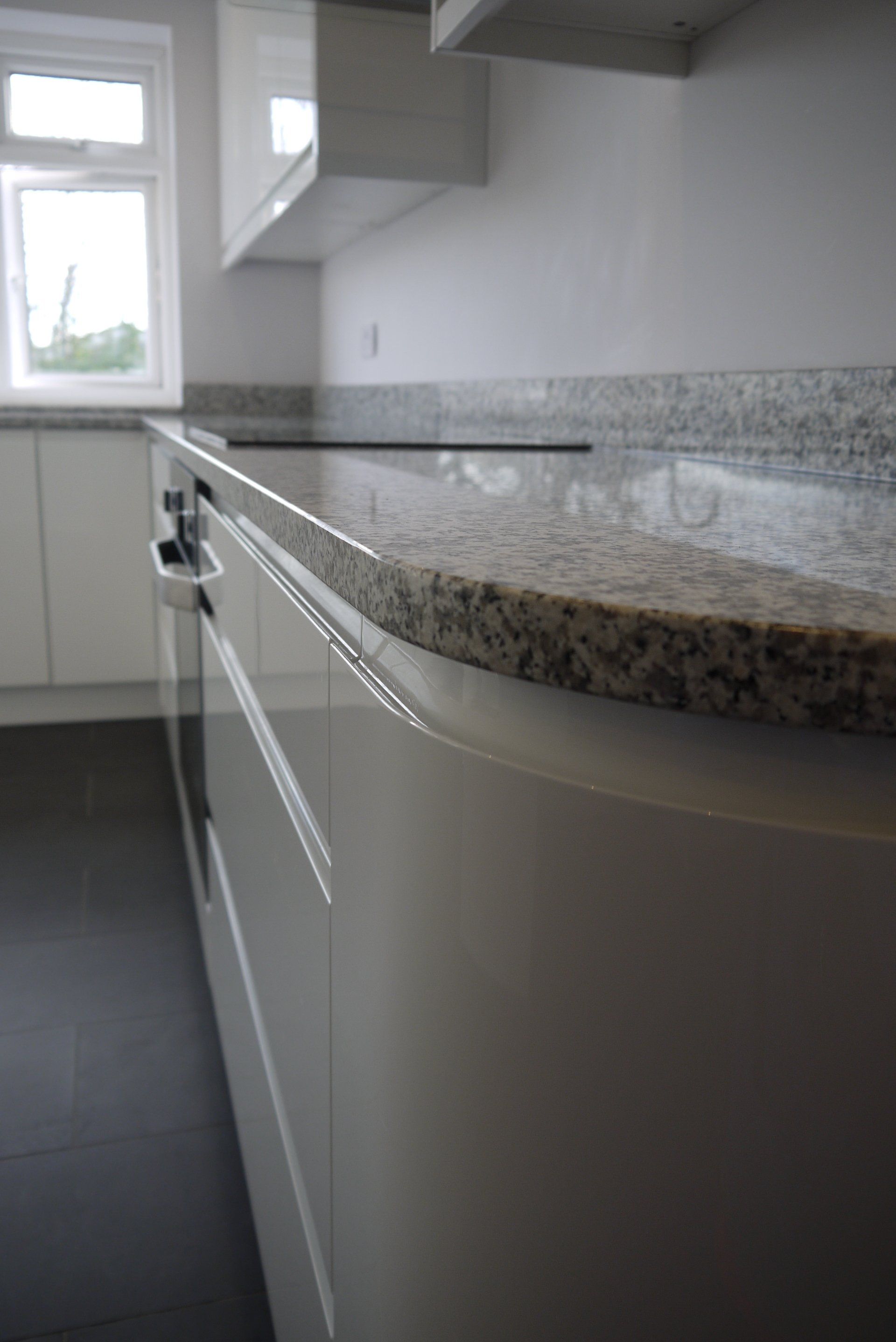 new kitchen granite worktop gloss white curved cabinet door sleek
