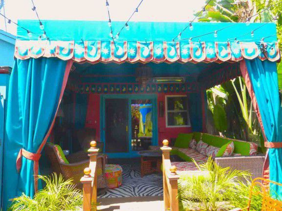 Aluminum Awnings — Blue Awnings with Chairs in Los Angeles, CA