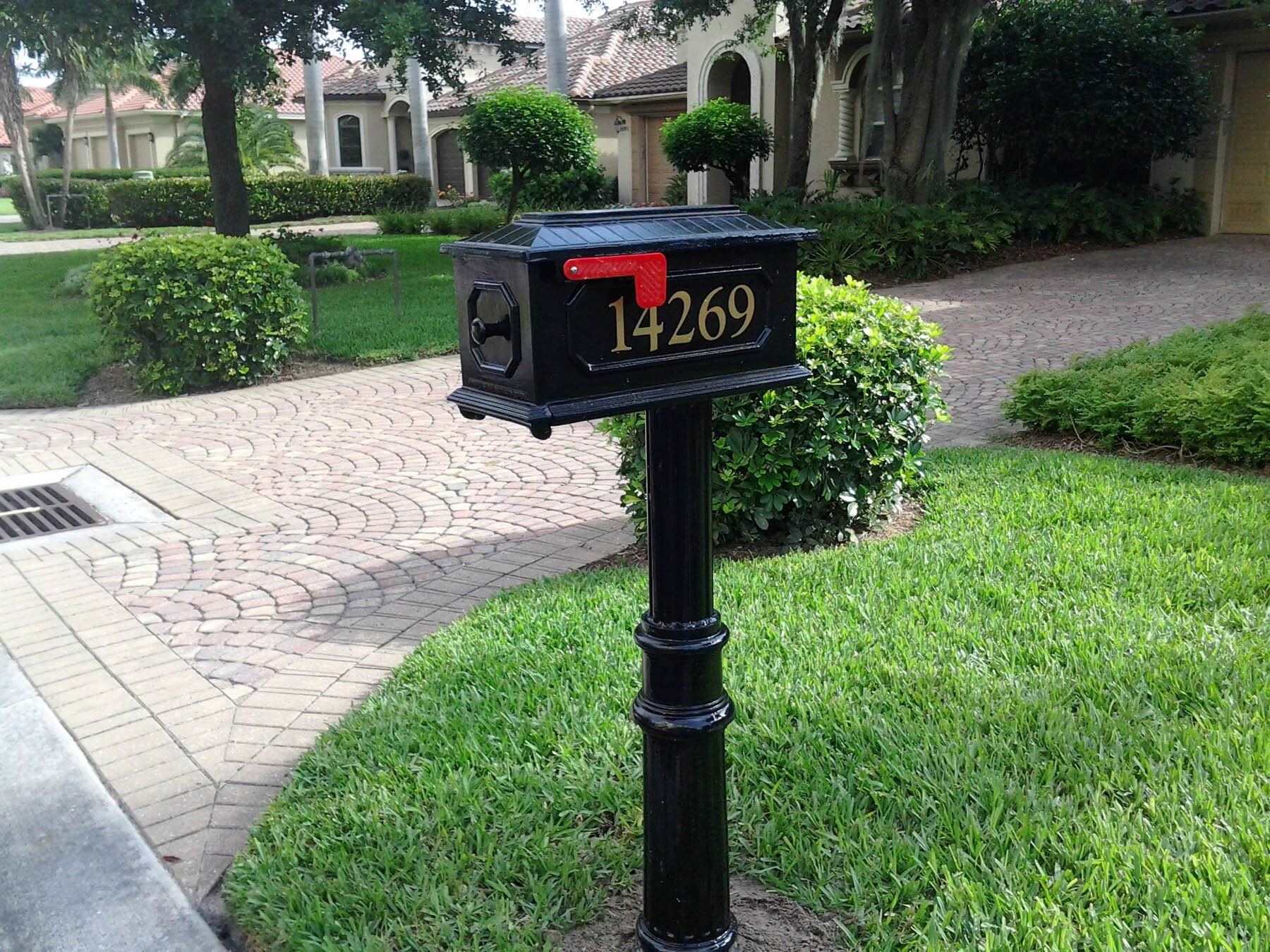 A black aluminum decorative mailbox.
