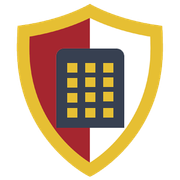 Yellow shield logo with red center and dark blue building icon with yellow windows