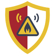 Yellow shield with red center and flame warning symbol, suggesting fire or hazard alert