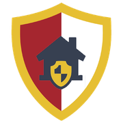 Shield logo with a house and security shield in red, white, yellow, and dark blue