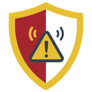 Yellow and red shield with warning triangle and signal waves icon