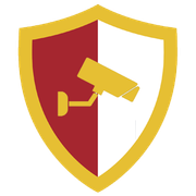 Maroon and white shield with a yellow border and a yellow security camera icon