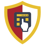 Shield icon with a hand pressing a keypad, in red, white, yellow, and dark gray