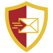 Red and gold shield with an envelope icon and motion lines, suggesting secure email or spam protection