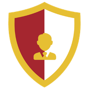 Yellow shield icon with red and white split background and a person silhouette in the center