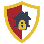 Shield logo with a house and padlock in red, yellow, navy, and white, symbolizing home security