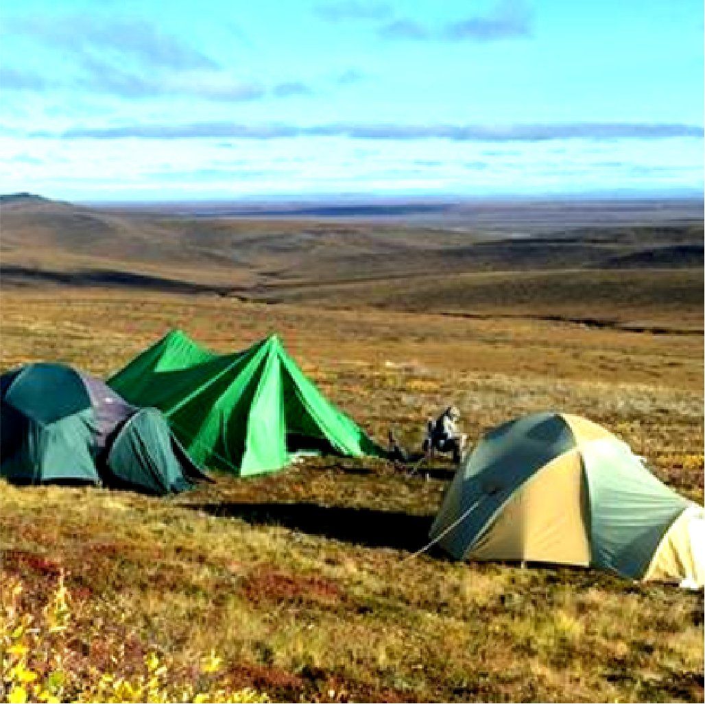 A group of tents are sitting on top of a grassy hill.